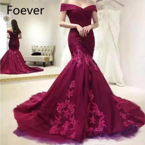 Burgundy Mermaid Evening Dresses 2019 Vestidos De Fiesta De Noche Applique Lace Off The Shoulder Special Occasion Formal Dress