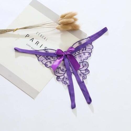 2021 Sexy Embroidered Butterfly Thongs Lace Low Waist T-Pants Open Crotch Thin Belt Lingerie Transparent Fashion Women Panties