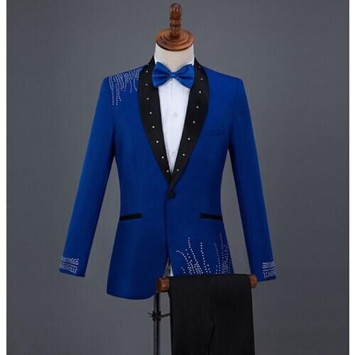 4 Colors Formal Men Suits Crystals Blazers Pants Suit Singer Chorus Performance Costume Wedding Master Prom Host Stage Outfits