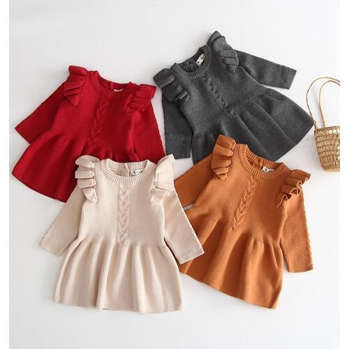 0-5Y Kids Baby Girls Tops Sweater Dress Ruffles Long Sleeve Solid Knit Warm Dress A-Line Dress Outfit Autumn Winter