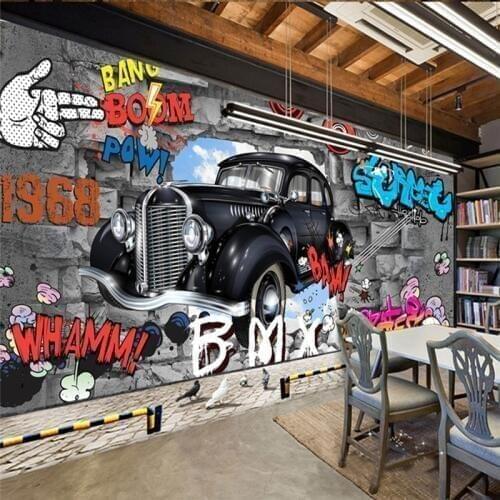 Papel De Parede 3D Paisagem Retro Cartoon Car Photo Mural Wallpaper KTV Bar Cafe Personality Creative 3D Wall Mural Wall Papers