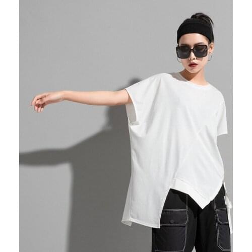 Ladies summer new classic black Mosaic zipper irregular loose casual large short sleeve T-shirt