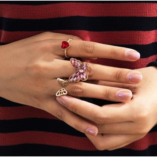 3 Pcs/Set Sweet Crystal Butterfly Heart Rings for Women Butterfly Party Female Finger Ring Fashion Jewelry Gifts