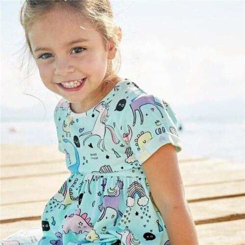 Hot Sale Fashion Girls Dresses Unicorn Dinosaur Print Summer Dress Children Short Sleeve Clothes Kids Party Dress Beach Dresses