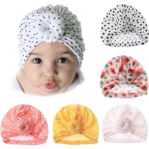 Cute Flower Dot Print Newborn Hat Beanie Knot Infant Toddler Baby Hat Cap Autumn Winter Soft Baby Girls Hat Bonnet