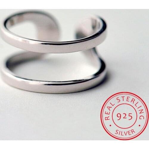 Minimalist Geometric Double line Adjustable Ring Genuine 925 Sterling Silver Trendy Fine Jewelry For Charm Women Bijoux