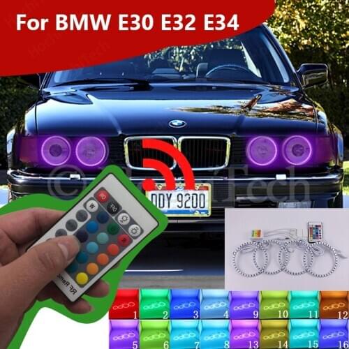 Multi-Color 5050 RGB Halo Rings LED Bulb Flash Car Headlight DRL With RF Control For BMW E30 E32 E34