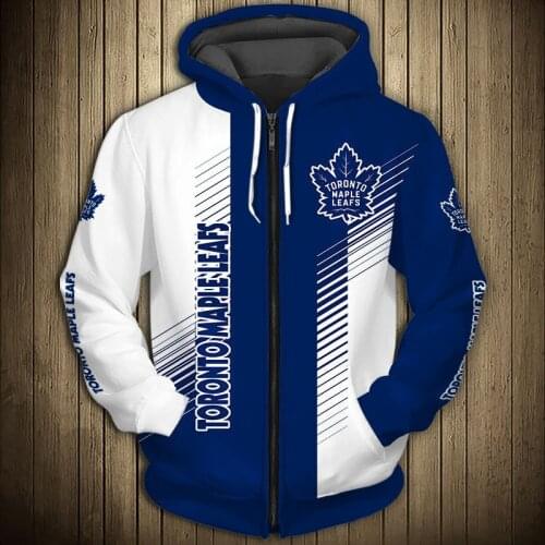 Toronto mens casual 3D zipper hoodie White and blue stripes stitching graffiti leaf print Maple Leafs sweatshirt