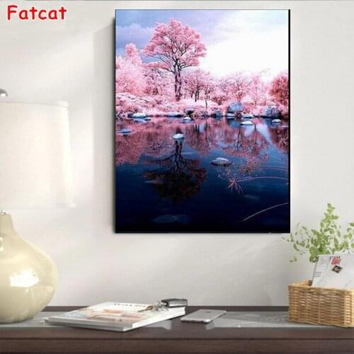 5D Diamond Painting Kit Pink Tree LakeThe Landscape Full Drill Mosaic Diamond Embroidery Cross Stitch Kit Home Decor 2021 PP1838