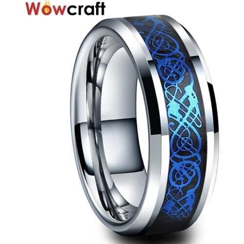 Tungsten Wedding Bands 8mm Blue Blue Dragon Rings for Men Women Engagement Ring Polished Shiny with Carbon Fiber Comfort Fit