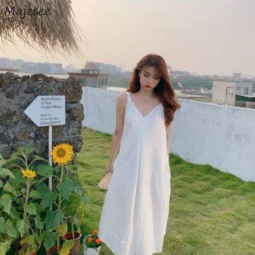 Dress Women Summer Fashion Solid Simple Temperament Vestido Backless Leisure Holiday Korean Style Loose Female V-neck Sleeveless