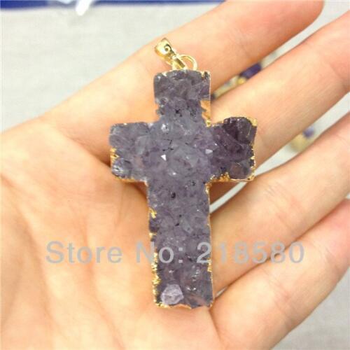 H-AMD40 Raw Crystal Quartz Druzy Amethysts Cluster Cross Pendant with Gold