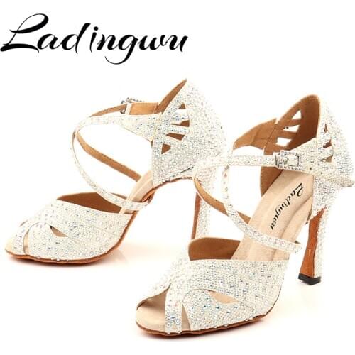 Hot White Glitter cloth Womens Latin dance shoes Ballroom dance shoes Party Square dance shoes Soft Bottom Cuban heel 10cm