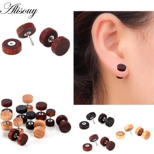 Alisouy 1 Pair Natural Wood Fake Ear pierces Plugs Natural wood Studs Earrings Retro Fake Cheater studs ear plugs Body Jewelry