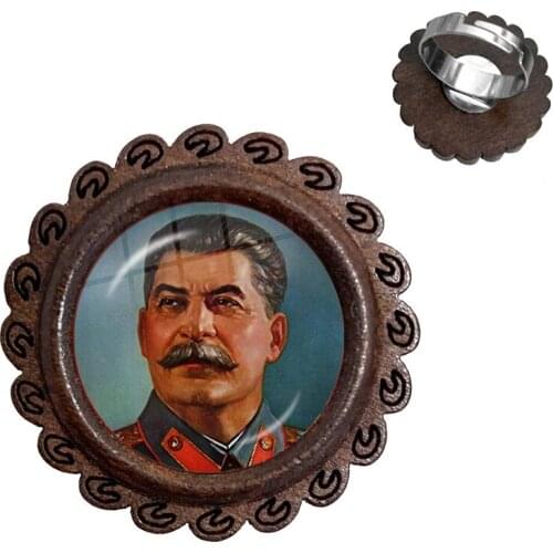Soviet USSR Stalin Lenin Adjustable Wood Rings Classic Red Star Hammer Sickle Communism Emblem CCCP Glass Cabochon Charm Ring