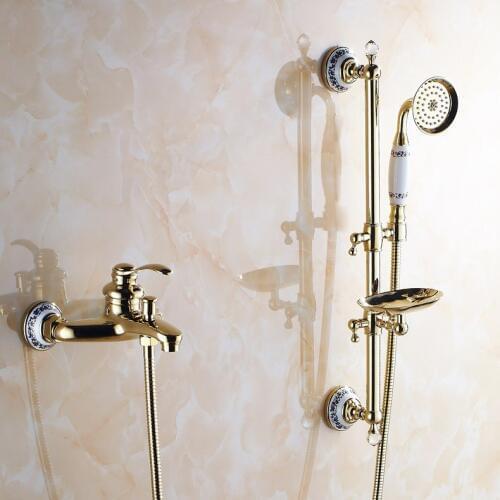 Vidric Shower Faucets Wall Mounted Bath Shower Sets Bathroom Golden Brass Bath Shower Faucet with Slide Bar Handheld Soap Dis