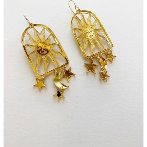 Handmade Laser Cut Sun, Moon, and Stars.Celestial Mirrored Gold Acrylic Earrings