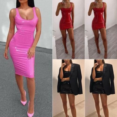 Women Sexy PU Leather Club Party Wear Mini Dresses Sleeveless Bright Color Sheath Short Dress Sexy Wet Look Tank Dress 3Colors