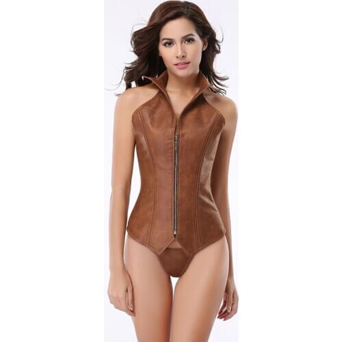 Woman sexy corset faux leather suit stand-up collar zipper handsome sleeveless shapewear two-piece top plus mini shorts