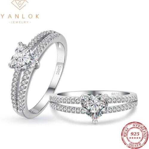 YANLOK Romantic Heart Real 925 Sterling Silver Shining Wish Clear CZ Rings For Women Engagement Wedding Statement Jewelry Anel