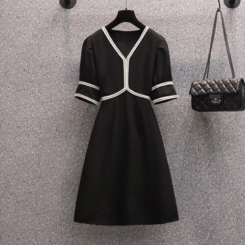 M-4XL plus size women elegant Office Summer dresses 2021 short sleeve v neck lace Patchwork black mini female vestido dress