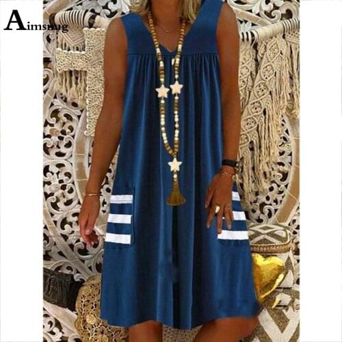 2021 Plus size 5xl Elegant Striped Print Dress O Neck Sleeveless Boho Dress Women Summer Casual Knee-Length Dresses Robe Femme