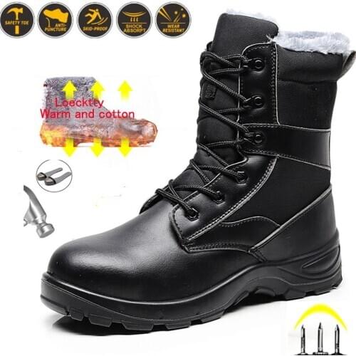 Winter Waterproof Safety Shoes Boots for Men Casual Snow Warm Fur Work Indestructible Boots Steel Toe Mens Boots Black Plus 46