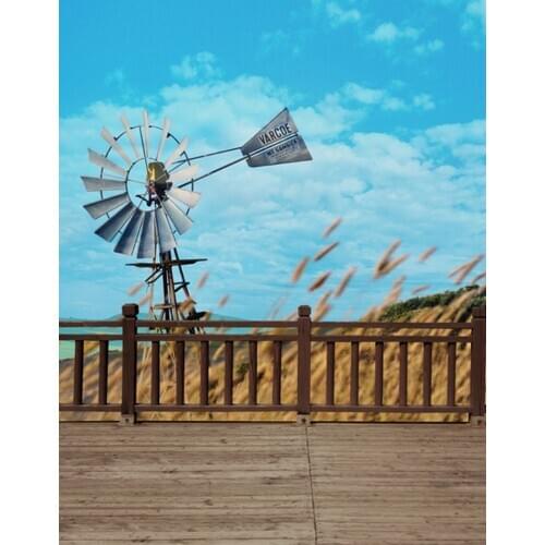 5x7ft Wooden Fence Grass Windmill Photography Backdrops Photo Props Studio Background