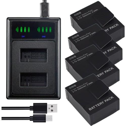 4Pc AHDBT-301 Battery + LED USB Dual Charger for GoPro Hero 3 3+ Hero3 Black Edition White Silver Edition HD Camera