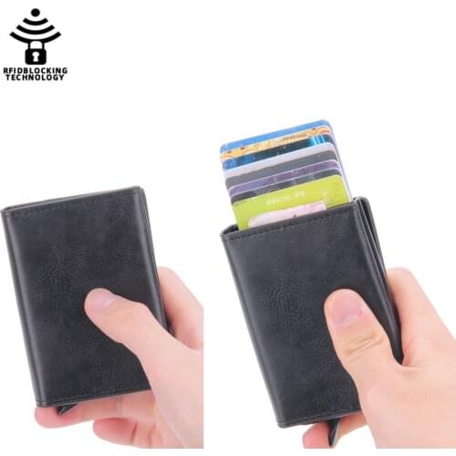 With Magnetic Button Credit Card Holder Aluminum Box Card Wallet RFID PU Leather Pop Up Card Case Magnet Carbon Fiber Coin Purse