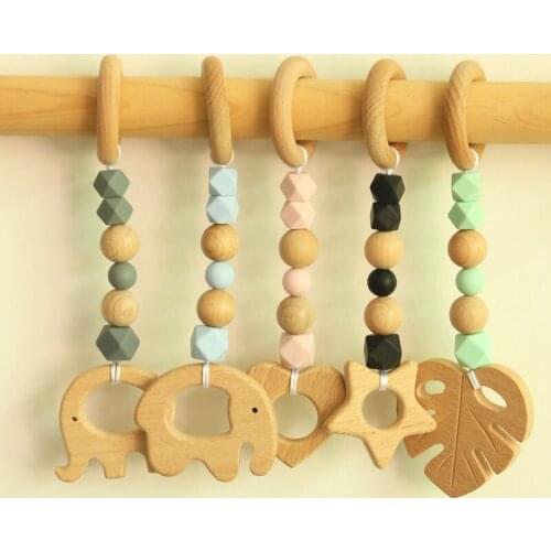 Infant Toys Baby Educational Toys Silicone Beads Teether Rattle Wooden Ring Handmade Pram Stroller Bell Hanging Toys