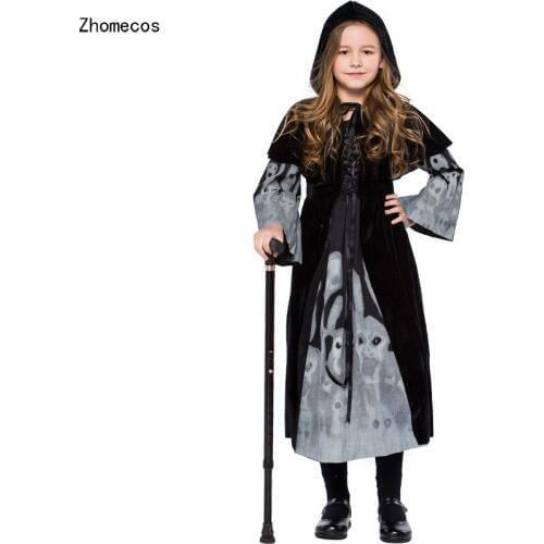 Cashmere Girls Noctilucent Skeleton Witch Costumes Cosplay With Hooded Opera Cape For Children Halloween Party Dress