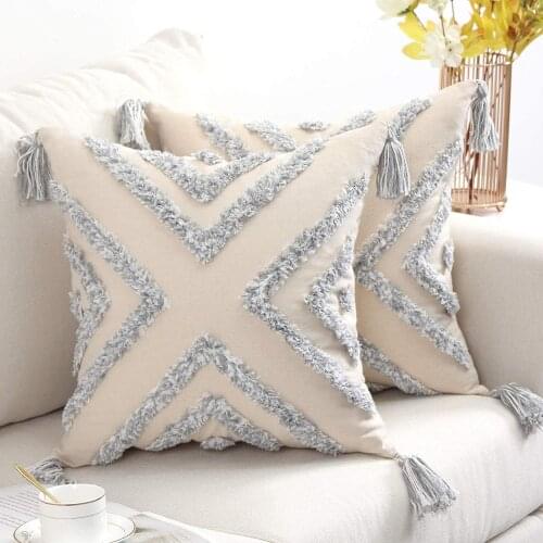 India Handmade Nordic Tufted Cushion Cover Pure Cotton Velvet Embroidered Square Grey Pillow Case 45*45cm Bohemian Tassel Pillow
