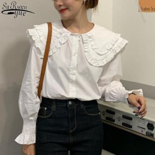 New Fashion Long Sleeve White Shirt Women Peter Pan Collar Ruffles Vintage Womens Shirts Casual Cotton Women Blouse Blusa 12392