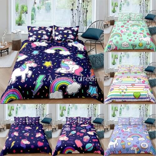 3D Printed Duvet Cover Pink Comforter Bed Cover Set Girls Kids Baby Bedclothes Quilt Set Lovely Cartoon Unicorn Bedding Set