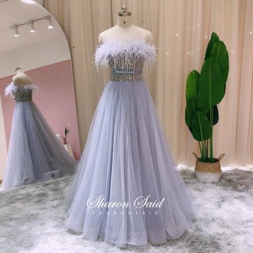 Fairy Grey Blue Feathers Evening Dresses 2021 Elegant Strapless Dubai Women Wedding Party Dress A-line Graduation Prom Gowns