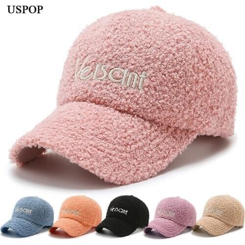 USPOP New Winter Caps Women Lamb Wool Baseball Caps Solid Color Letter Embroidery Caps Teddy Cashmere Thick Warm Caps