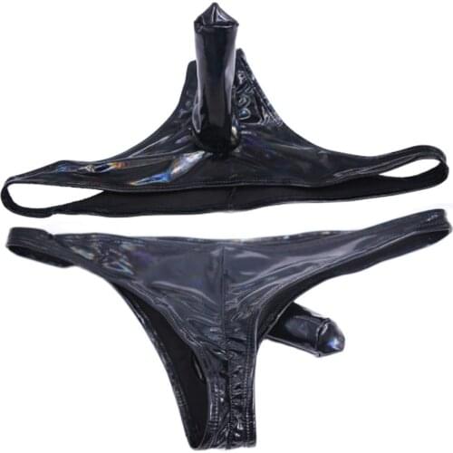 Man Sex Appeal Penis Sleeve Underwear PVC Faux Leather Briefs Dazzle Colour Panties Crotch Seam Pleated Shaper Gay Undershorts