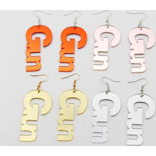 Punk Gold Sliver Color Acrylic Letters Gun Drop Earrings For Women Grils Night Club Long Dangle Earrings Fashion Party Jewelry G