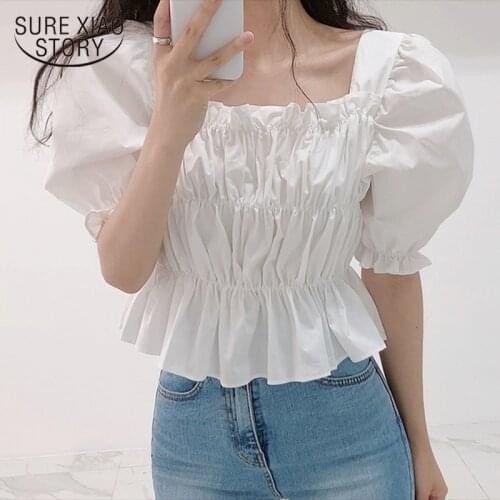 Vintage Puff Short Sleeve Summer Shirt Female Korean Square Collar Pleated Off Shouder Women Blouse Solid Slim Tops Blusas 14439