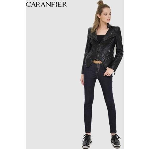CARANFIER Women Leather Jacket Winter Autumn Lady Gothic Jackets Rivet Punk Faux Coat Motorcycles Zipper Streetwear High Quality