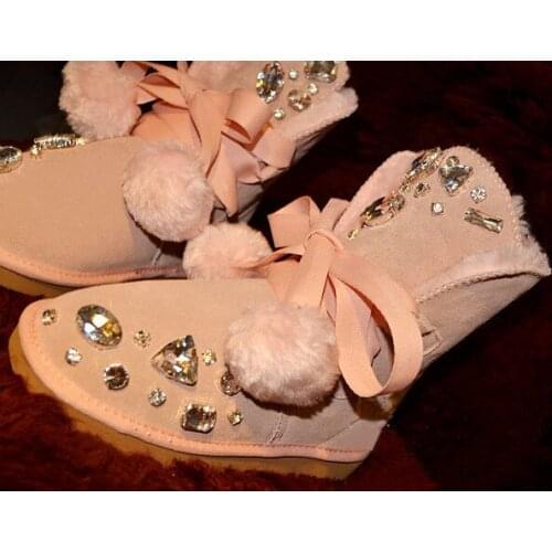 New Snow Boots Women 5828 Middle Tube Bow Knot Non-slip Bottom Strap Ball 5818 High Tube Drill Cotton Shoes Bread Shoes