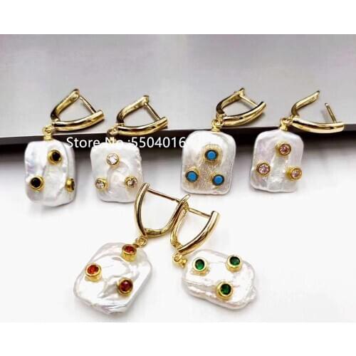 Micro pave cz tiny multi charms natural square freshwater pearl bead charm drop earring for women coulrful pearl earring present