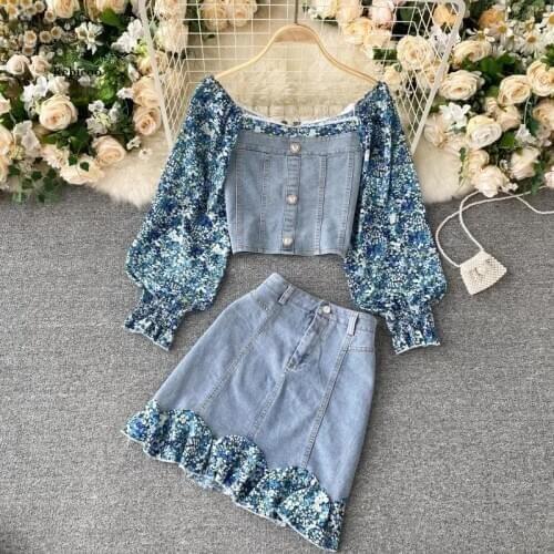 Womens Retro Suit Floral Puff Sleeve Stitching Denim Top Short Skirt Two-Piece Sets Female Slim