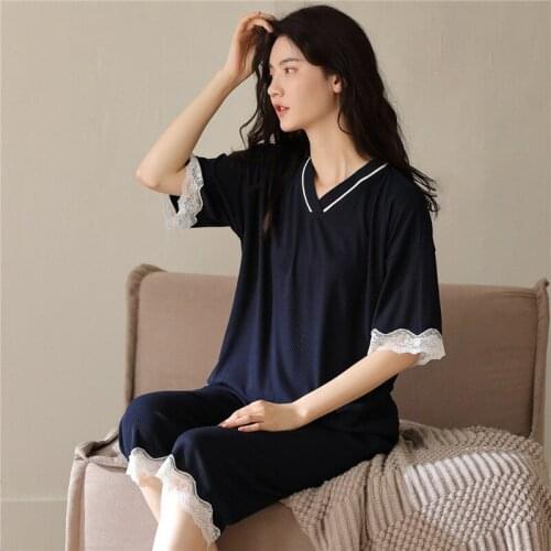 Modal Womens Pajamas Set Summer Simple Leisure Nightgown & Sleepstirts Short Sleeve Calf-Length Pants Thin Home Suit Sleepwear