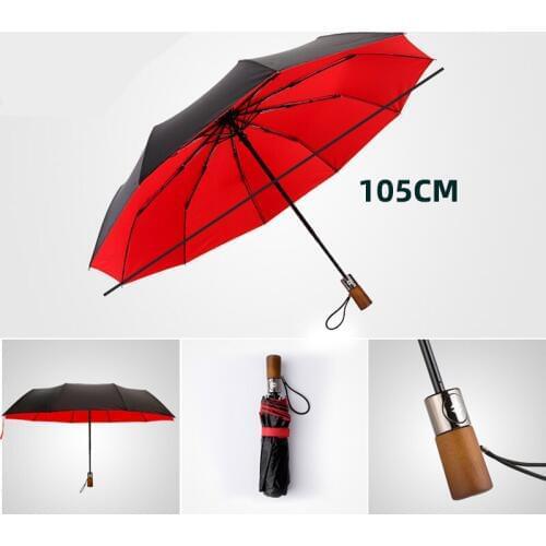 Solid Wood Handle Automatic Umbrella 3 Folding Oversized Double Windproof Men Women Ten Bones Reinforce Student Sunny Umbrella