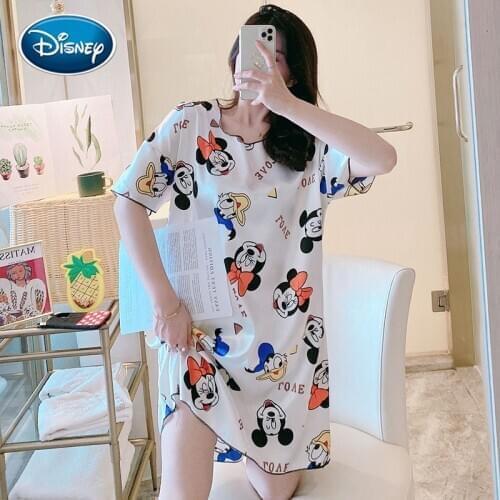 Disney 1pcs Cartoon Mickey Minnie Duck Girl Nightdress Summer Short-Sleeved Thin Cute Pajamas Women Pajamas