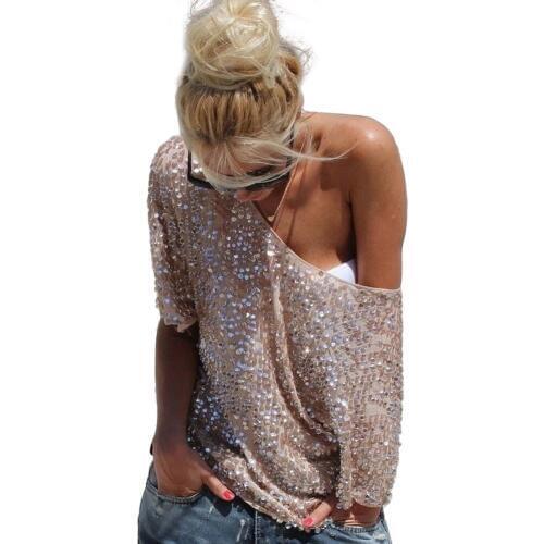 Blouses New Fashion Women Sexy Loose Off Shoulder Sequin Glitter Blouses Summer Casual Shirts Vintage Streetwear Party Tops