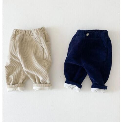 Kids Casual Elastic Waist Pure Cotton Corduroy Pants Baby Solid Color Plus Velvet Trousers Boys Girls Winter Warm Pants 6M-24M