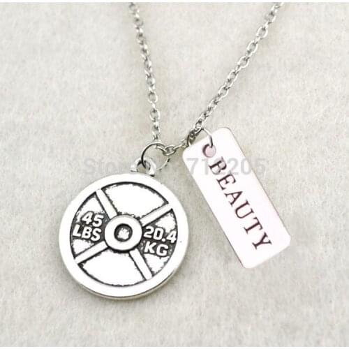 Fitness Weightlifting jewelry antique silver plated Vintage Circle 45LBS 20.4KG Weight Plate and BEAUTY Gym necklace